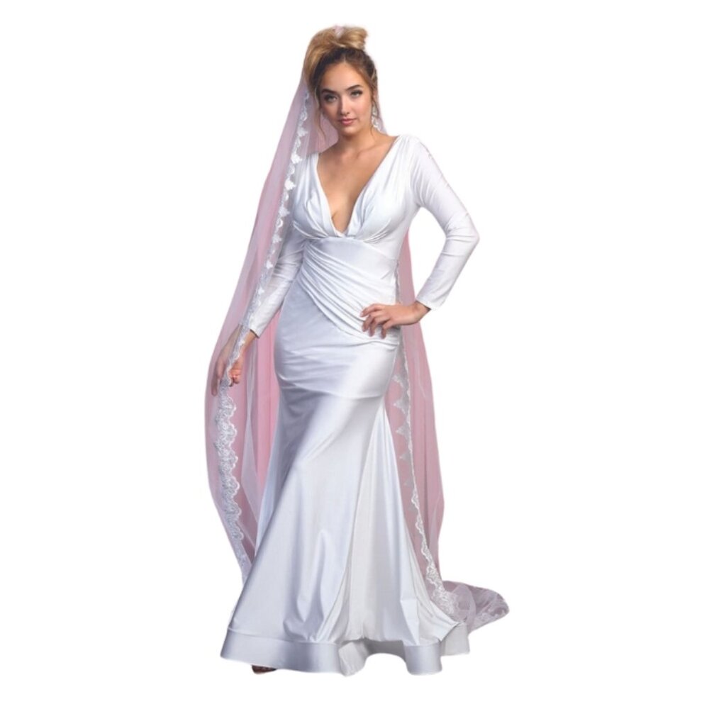 White Bridal Long V-Neck Full Sleeves Bodycon Dress By May Queen MQ1833